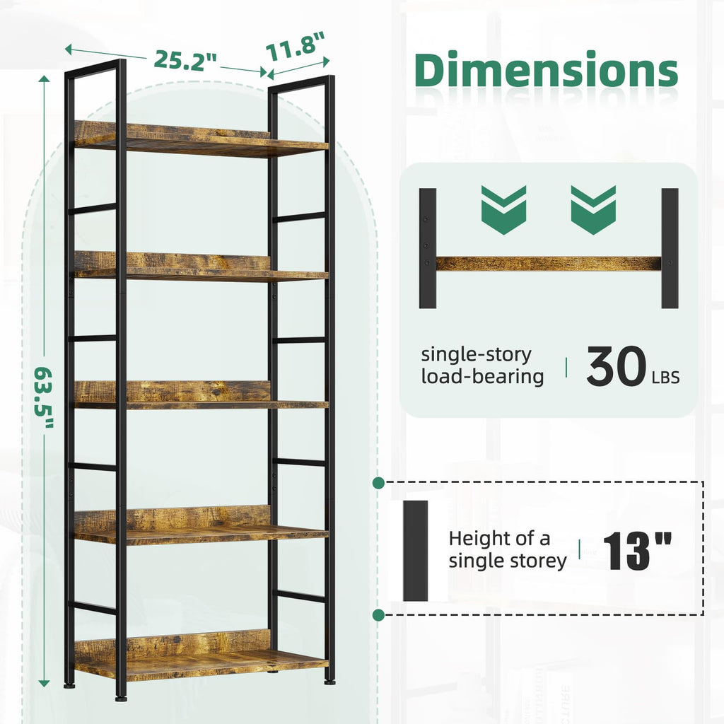 5 Tier Wood and Black Metal Bookshelf E5707