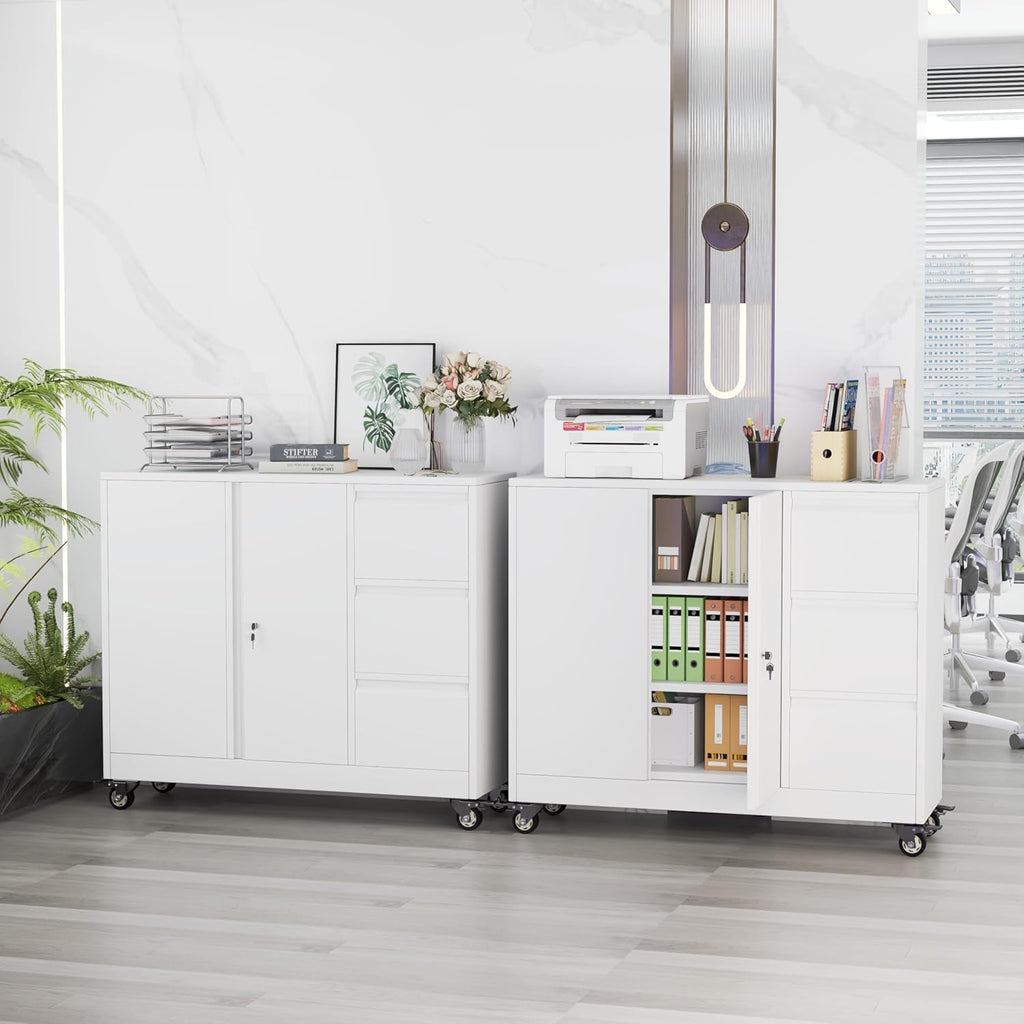 47" H 3 Drawer White Rolling Metal File Cabinet B1760