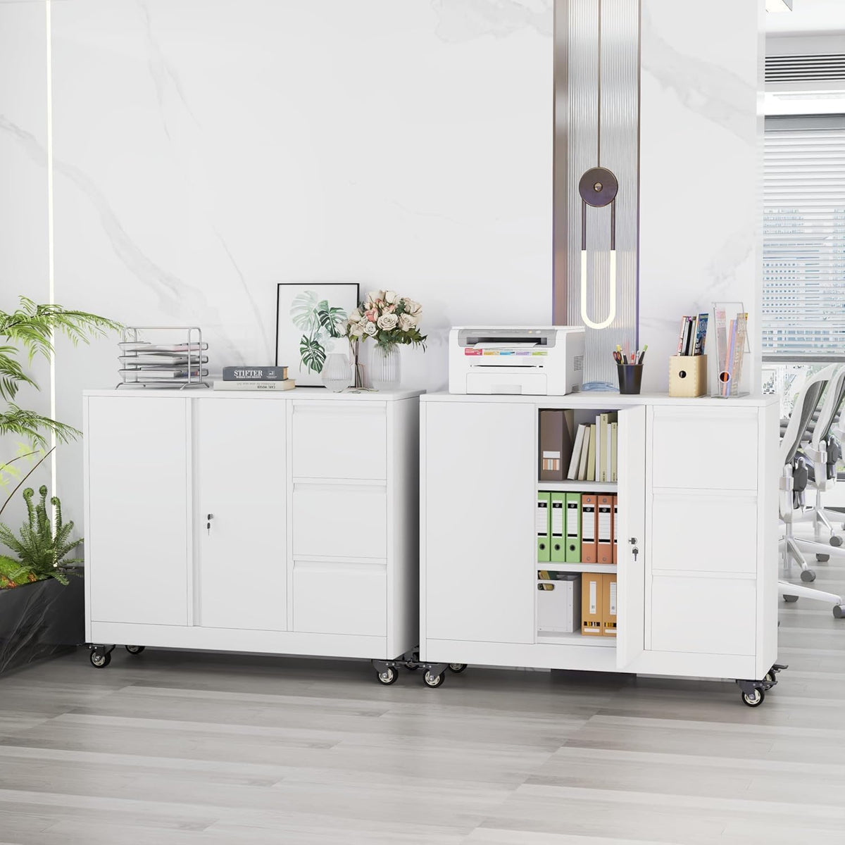 47" H 3 Drawer White Rolling Metal File Cabinet B1760