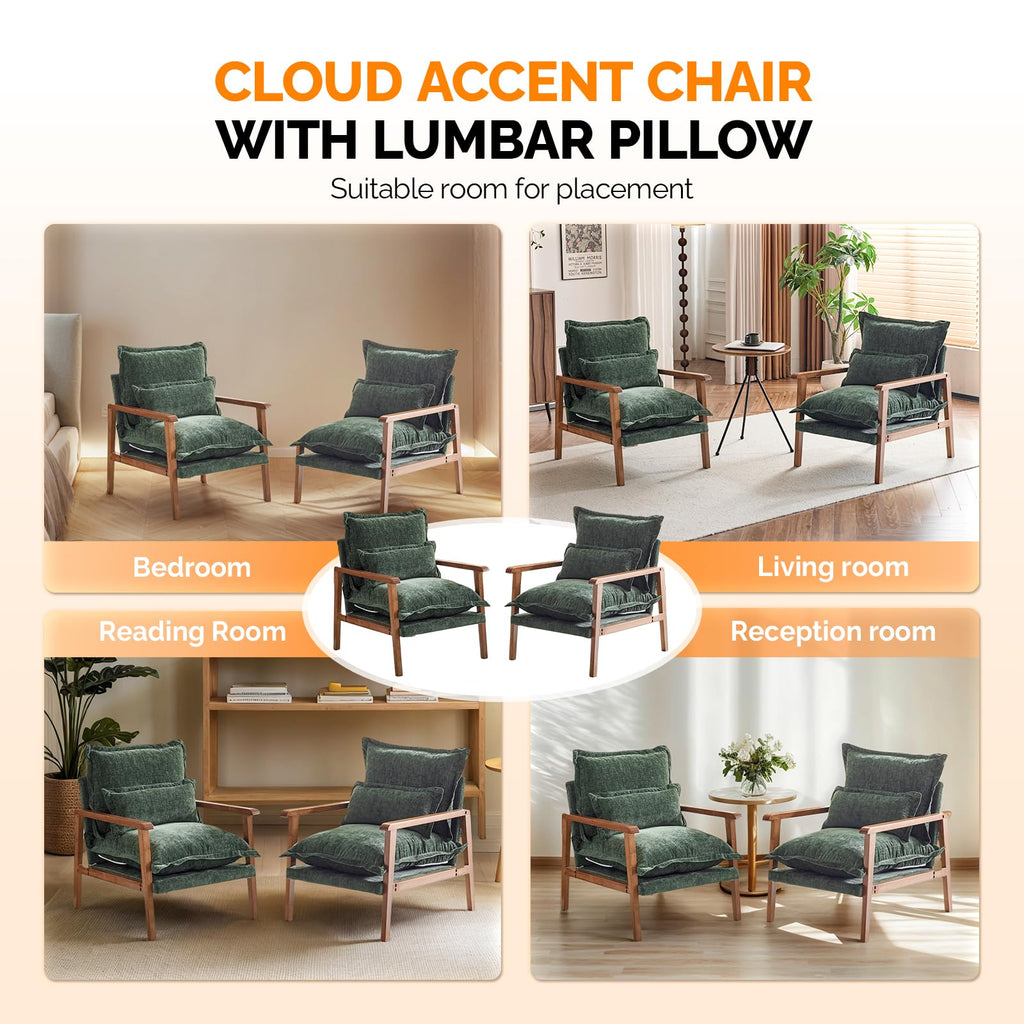 Dark Green Chenille Accent Armchairs Set of 2 with Lumbar Pillow X2561
