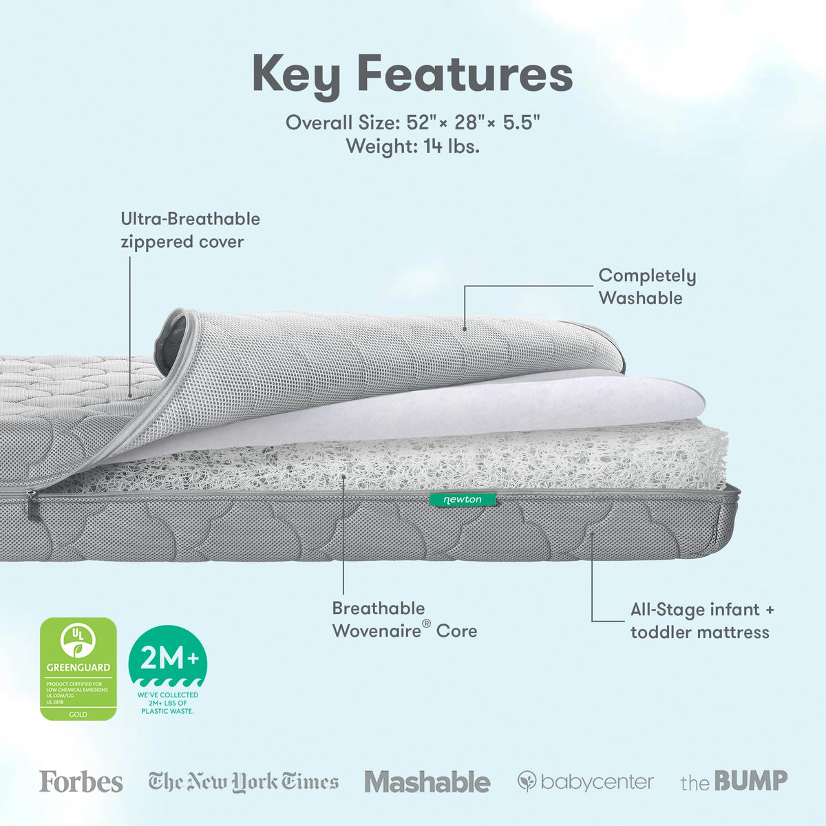 Grey Breathable Washable Crib Mattress & Toddler Bed J3372