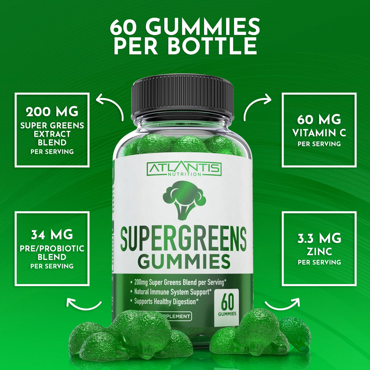 Supergreens Gummies Supplement with Spinach, Broccoli, Moringa, Beet Root, Celery, Green Tea, & Acai, Natural Raspberry Flavor, 60 cnt E246999