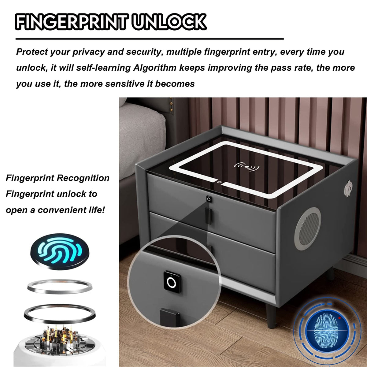 White 3 Drawer Smart Nightstand with Wireless Charging N91124