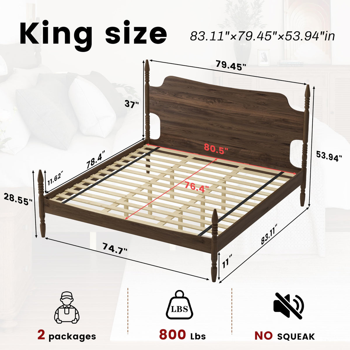 King Size Wood Platform Bed Frame with Curved Headboard D62716