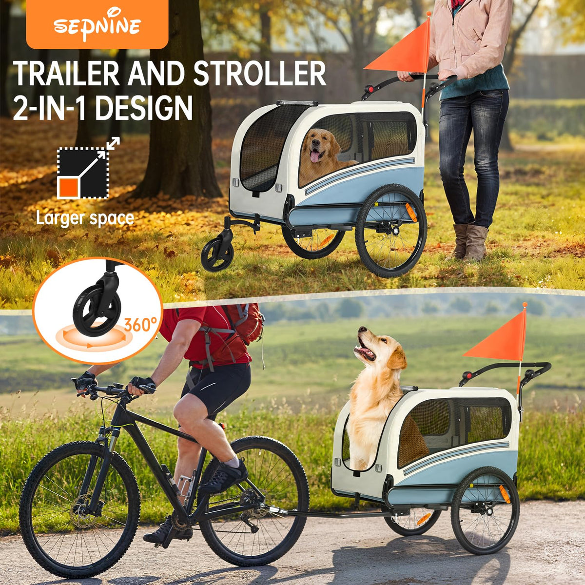 Dog Bike Trailer, 2-in-1 Pet Stroller Cart Bicycle Carrier, Folding with Quick Release Wheels X659783