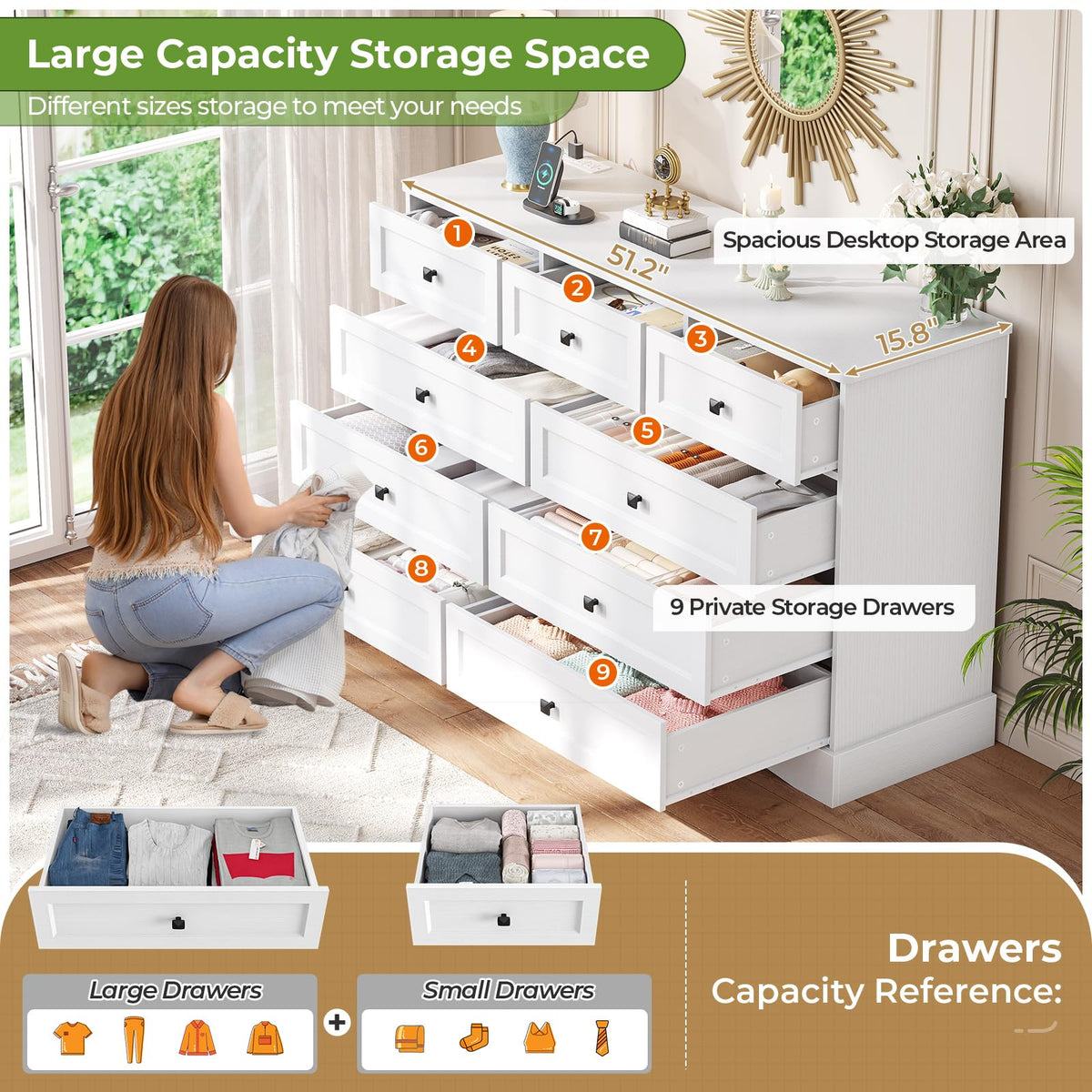 White 9 Drawer Wood Dresser with Charging Station D434172
