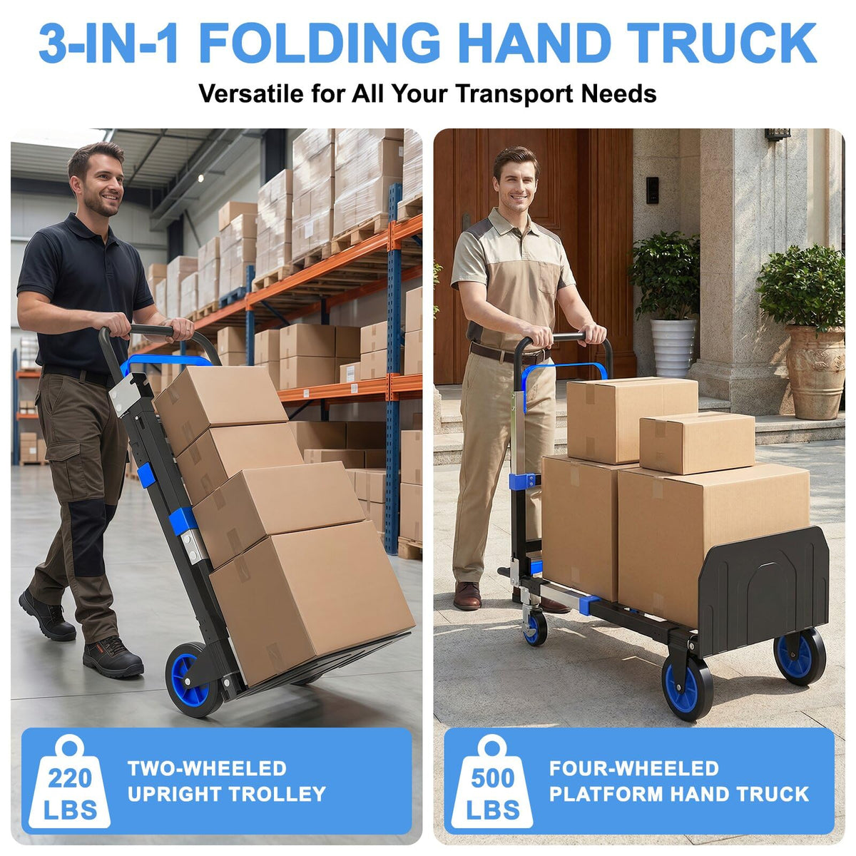 3-in-1 Folding Heavy Duty Hand Truck Dolly Cart Trolley with Wheels (Blue) P76757