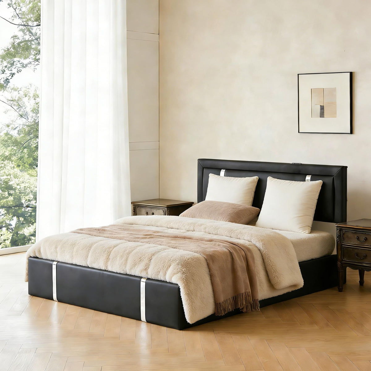 Black Faux Leather Upholstered Full Size Bed Frame with LED Headboard and USB Ports N720