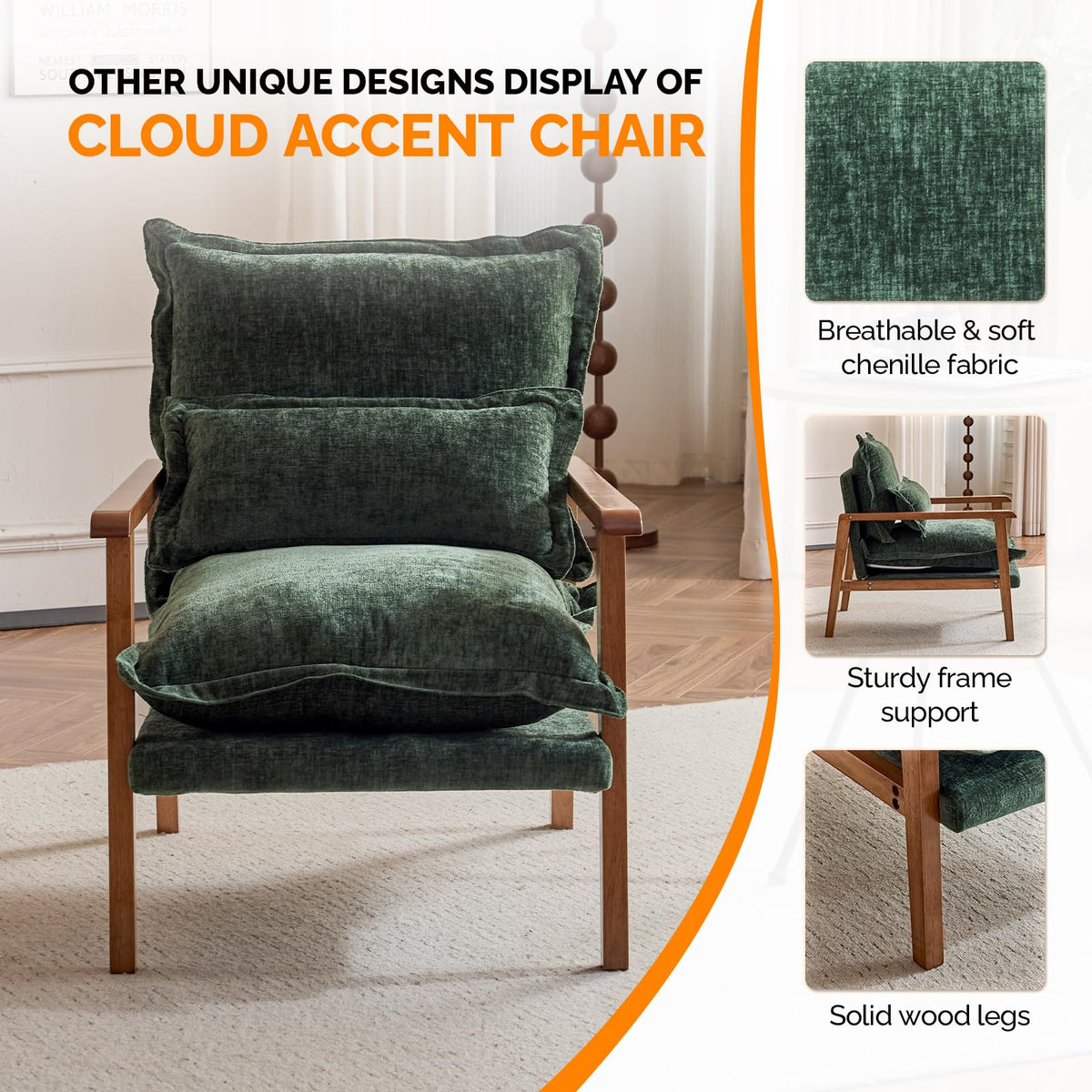 Dark Green Chenille Accent Armchairs Set of 2 with Lumbar Pillow X2561