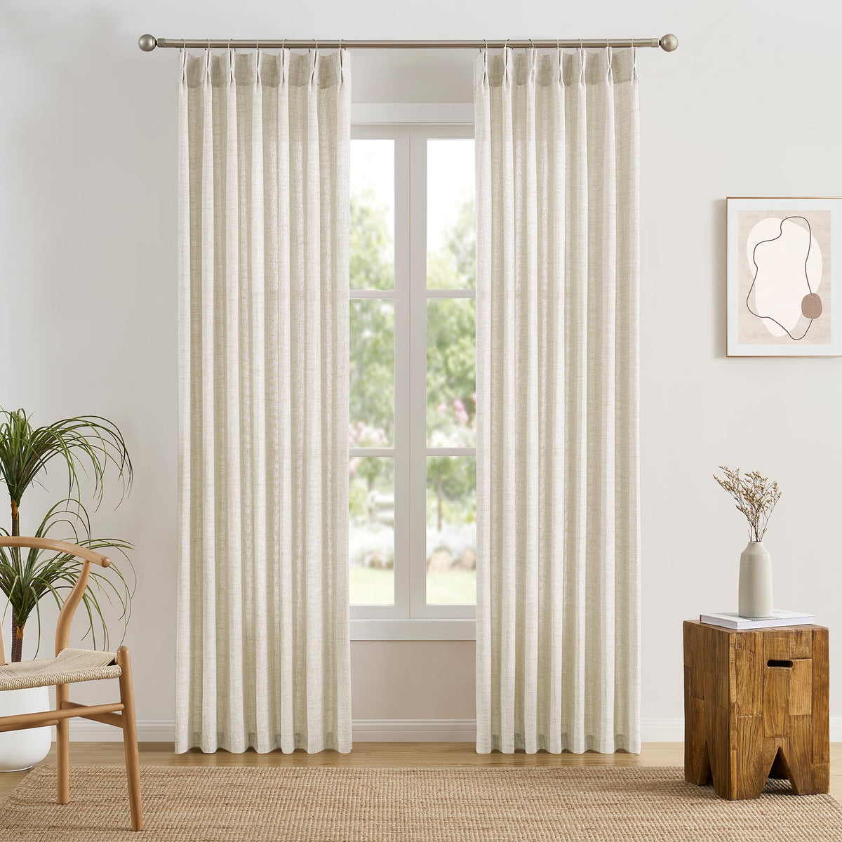 Pinch Pleated Sheer Curtains 140 Inches Long Cream Linen Textured Set of 2 W34899