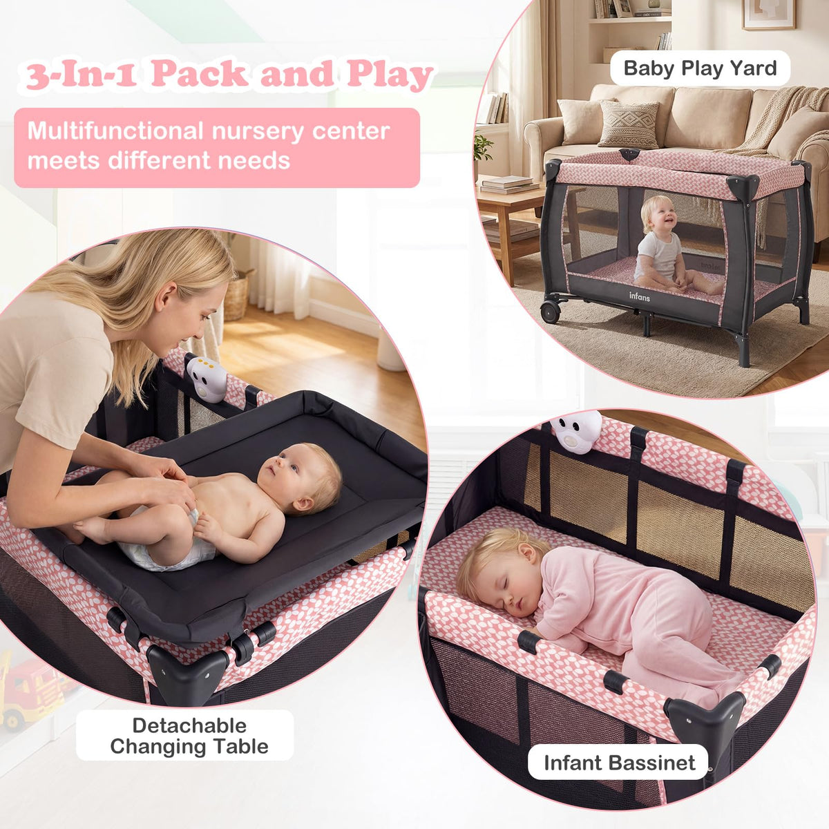 3 in 1 Pack and Play with Bassinet, Changing Table, Storage Y9821