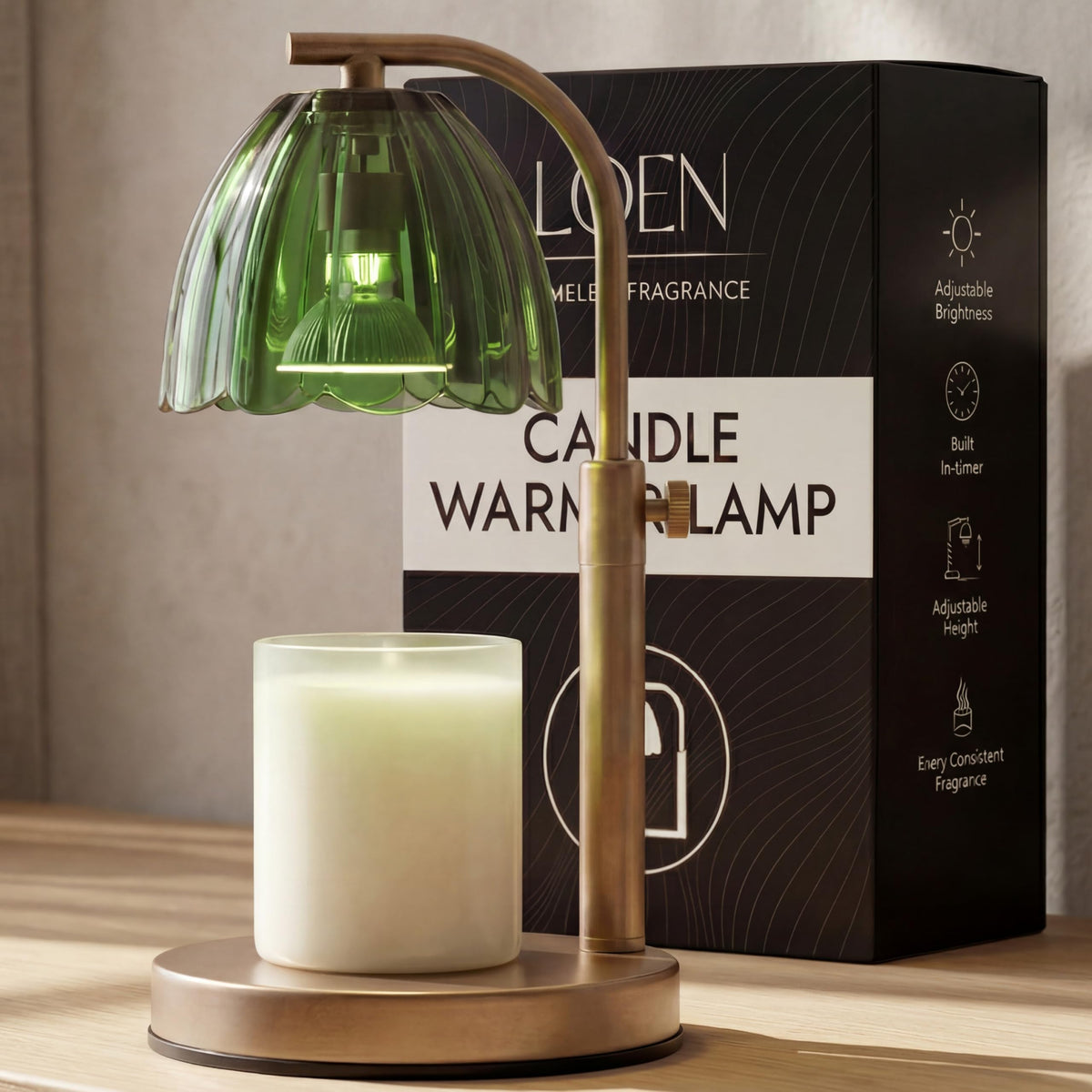 Scalloped Glass Candle Warmer Lamp with Timer, Dimmable, Adjustable Height, Gold Metal, Green K398639