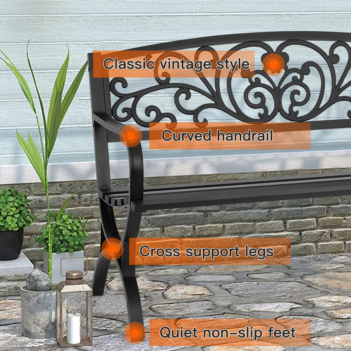 50 inch Black Metal Patio Garden Bench with Armrests W236182