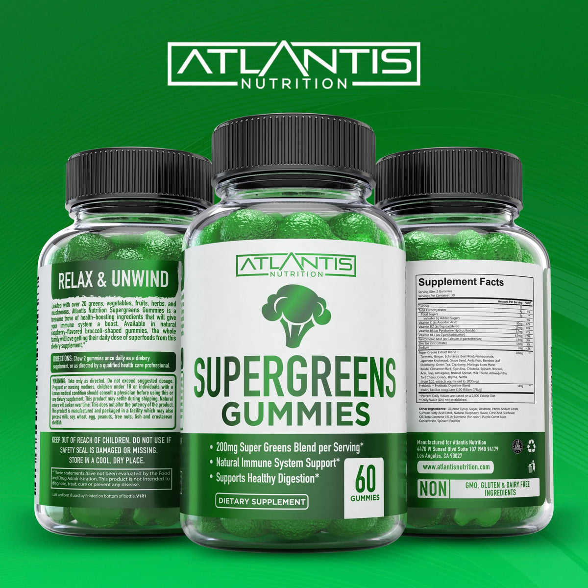 Supergreens Gummies Supplement with Spinach, Broccoli, Moringa, Beet Root, Celery, Green Tea, & Acai, Natural Raspberry Flavor, 60 cnt E246999