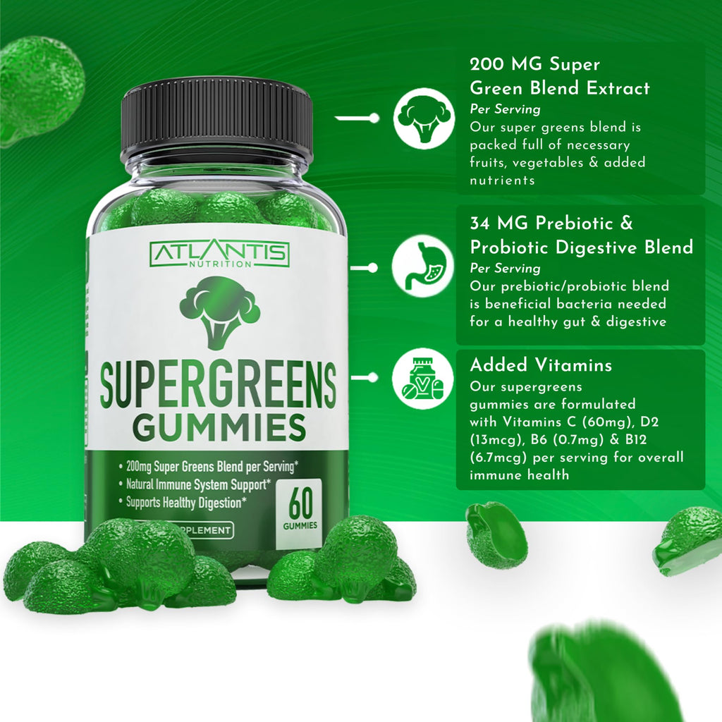 Supergreens Gummies Supplement with Spinach, Broccoli, Moringa, Beet Root, Celery, Green Tea, & Acai, Natural Raspberry Flavor, 60 cnt E246999