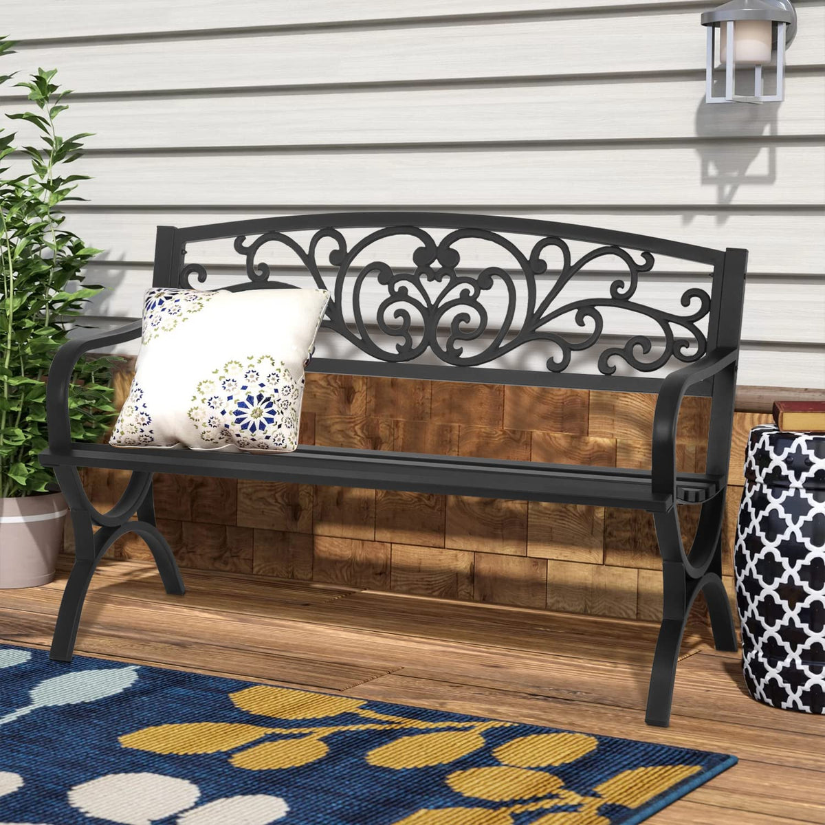 50 inch Black Metal Patio Garden Bench with Armrests W236182