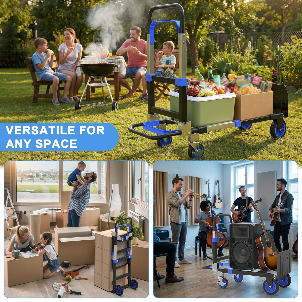 3-in-1 Folding Heavy Duty Hand Truck Dolly Cart Trolley with Wheels (Blue) P76757