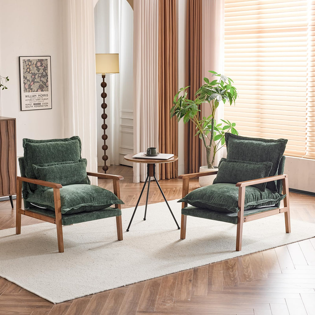Dark Green Chenille Accent Armchairs Set of 2 with Lumbar Pillow X2561