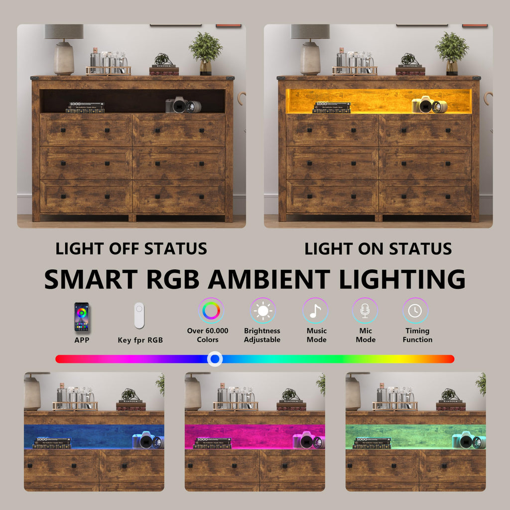 Brown 6 Drawer Dresser with LED Lights and Power Outlet D8853