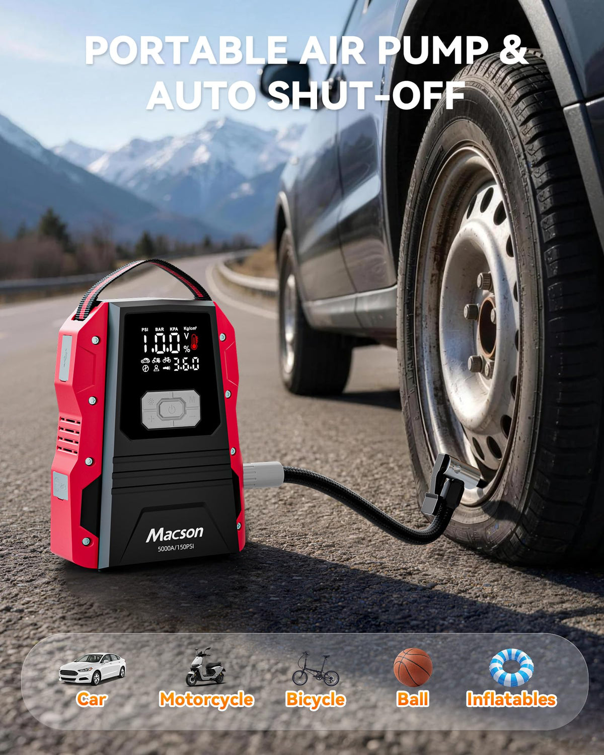Portable 12V Jump Starter with Air Compressor and 150PSI Tire Inflator A5823