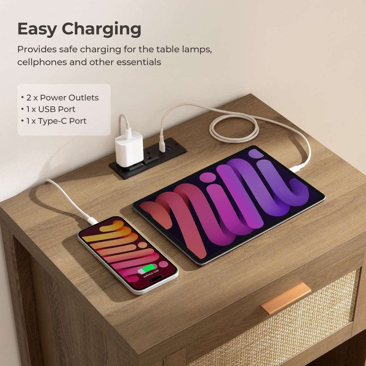 Rattan Night Stand with Charging Station X47124