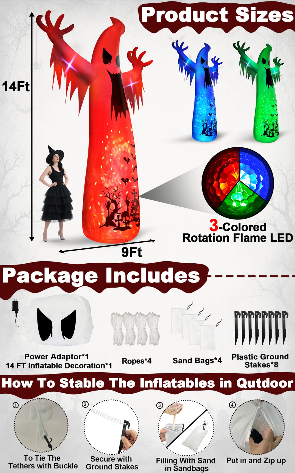 14 Ft Inflatable Ghost Outdoor Decoration with Flame Light S172