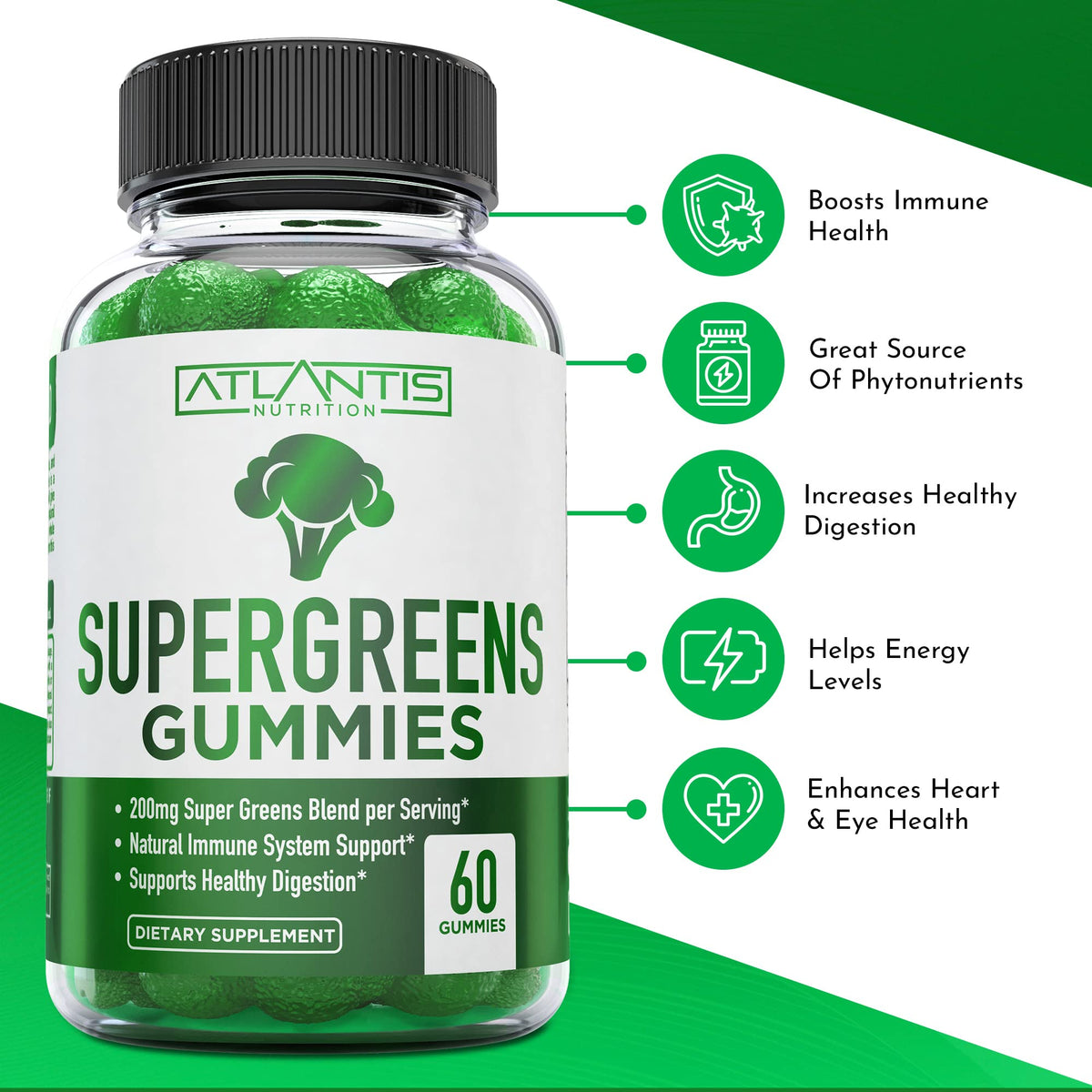 Supergreens Gummies Supplement with Spinach, Broccoli, Moringa, Beet Root, Celery, Green Tea, & Acai, Natural Raspberry Flavor, 60 cnt E246999