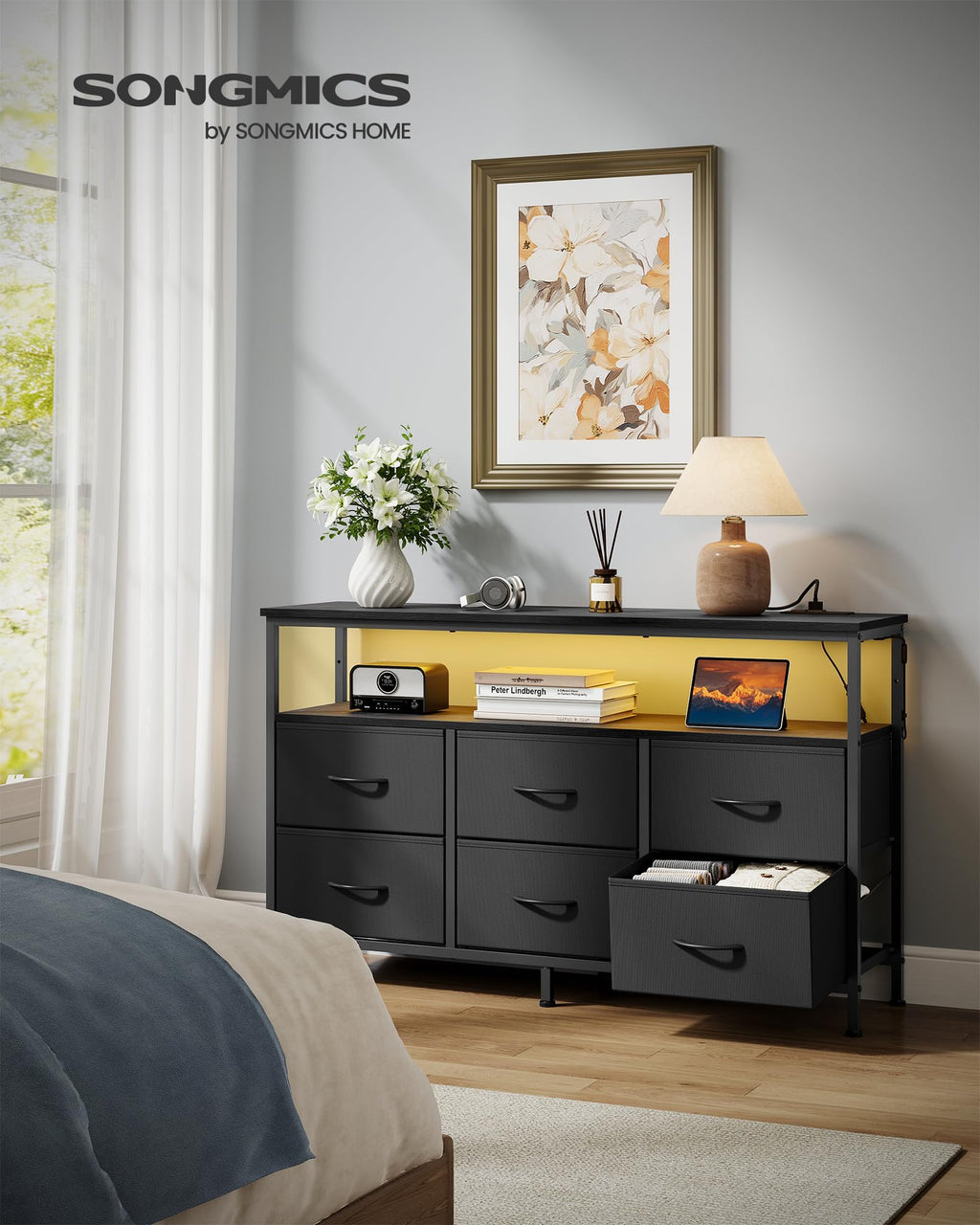 Wide Dresser with 6 Drawers & Open Shelf I981