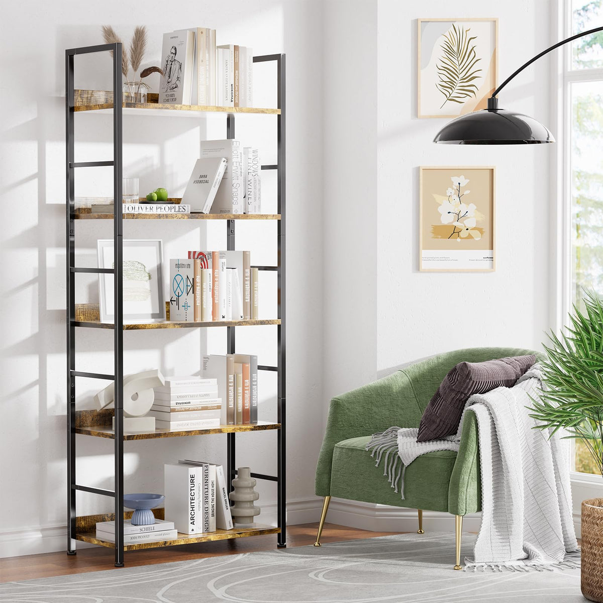 5 Tier Wood and Black Metal Bookshelf E5707