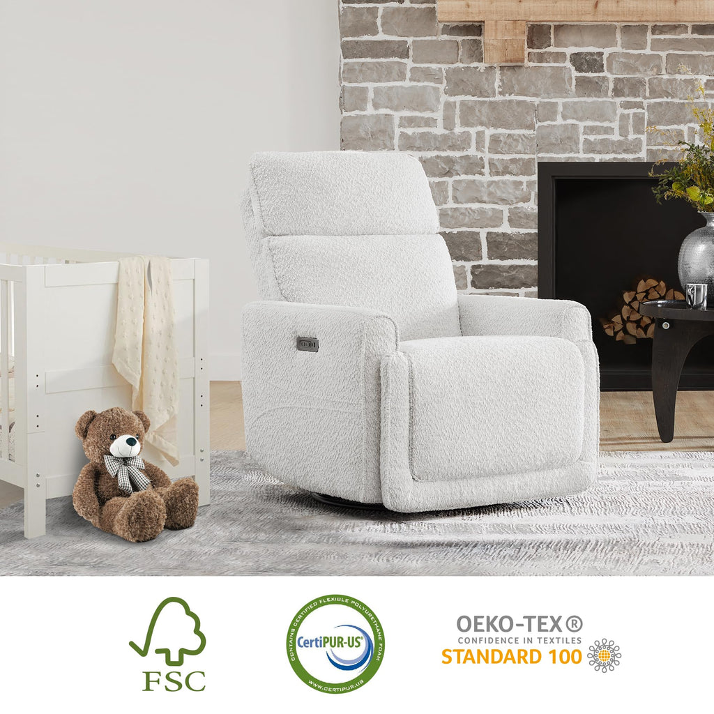 White Boucle Power Swivel Glider Recliner Chair U7341