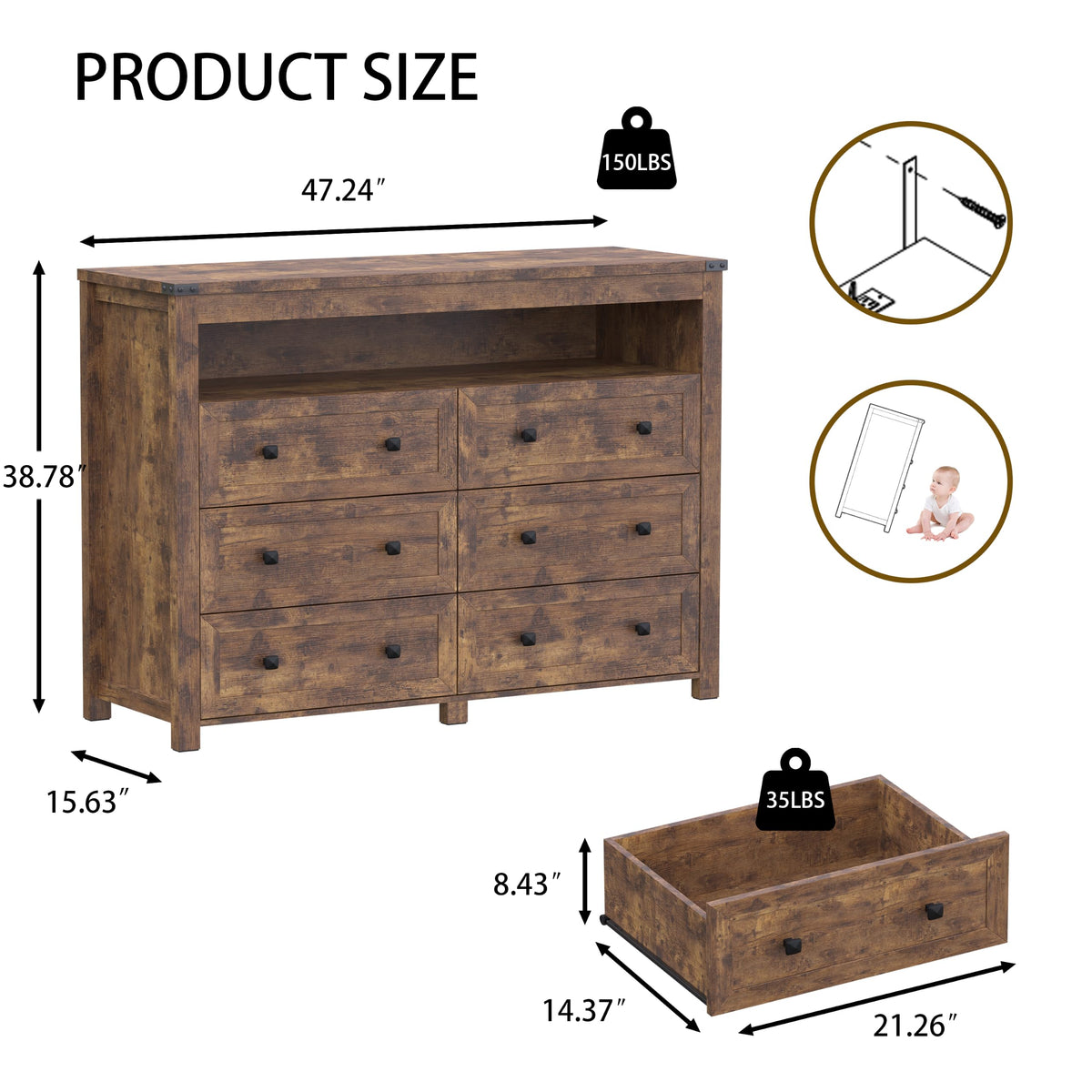 Brown 6 Drawer Dresser with LED Lights and Power Outlet D8853