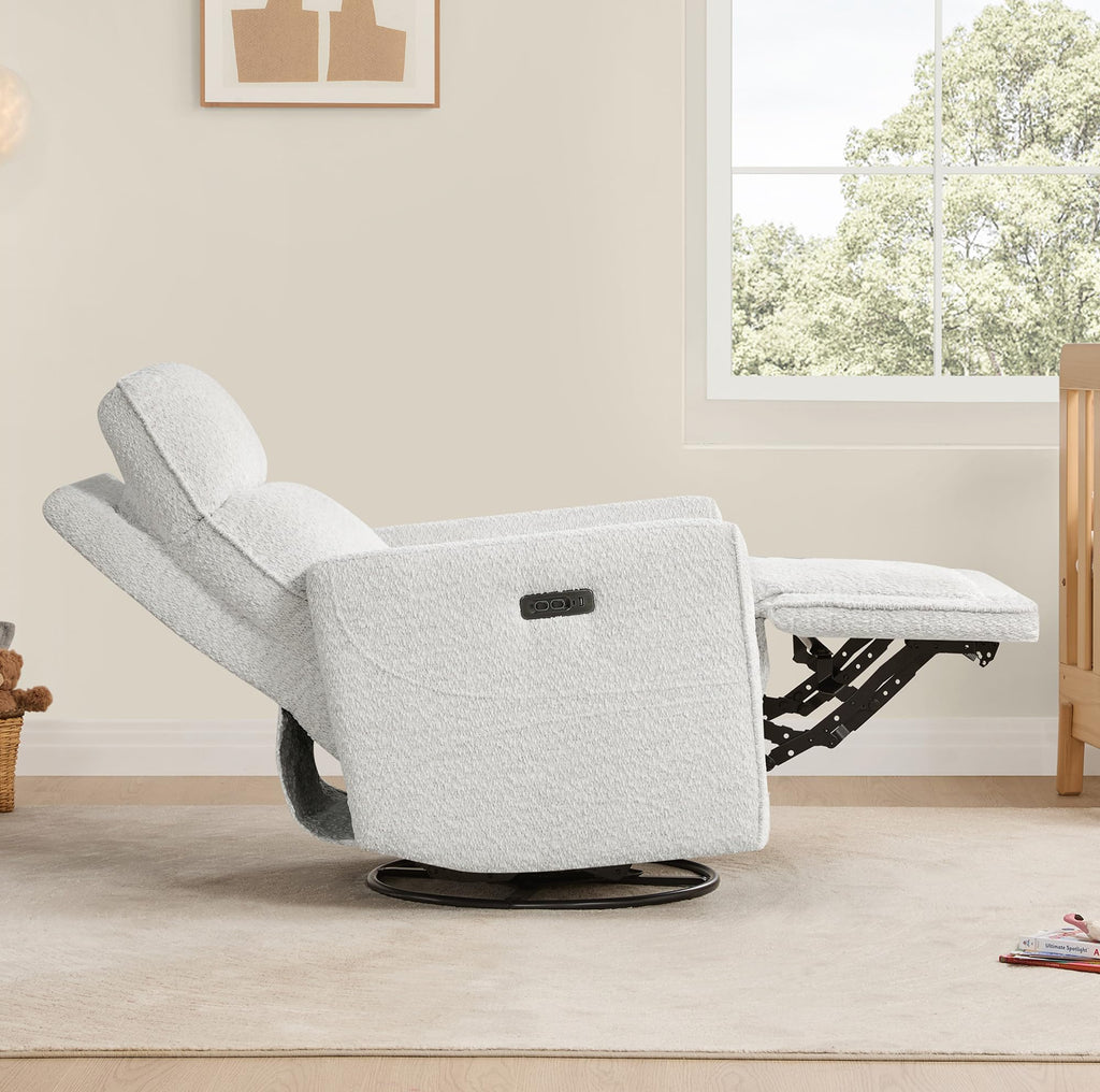 White Boucle Power Swivel Glider Recliner Chair U7341