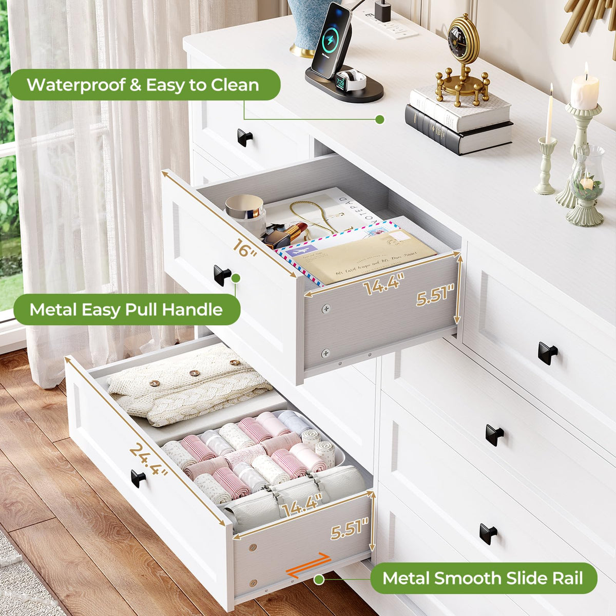 White 9 Drawer Wood Dresser with Charging Station D434172