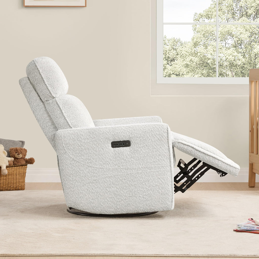 White Boucle Power Swivel Glider Recliner Chair U7341