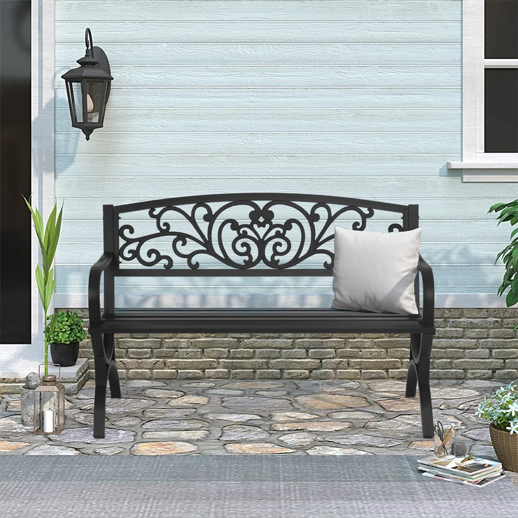 50 inch Black Metal Patio Garden Bench with Armrests W236182