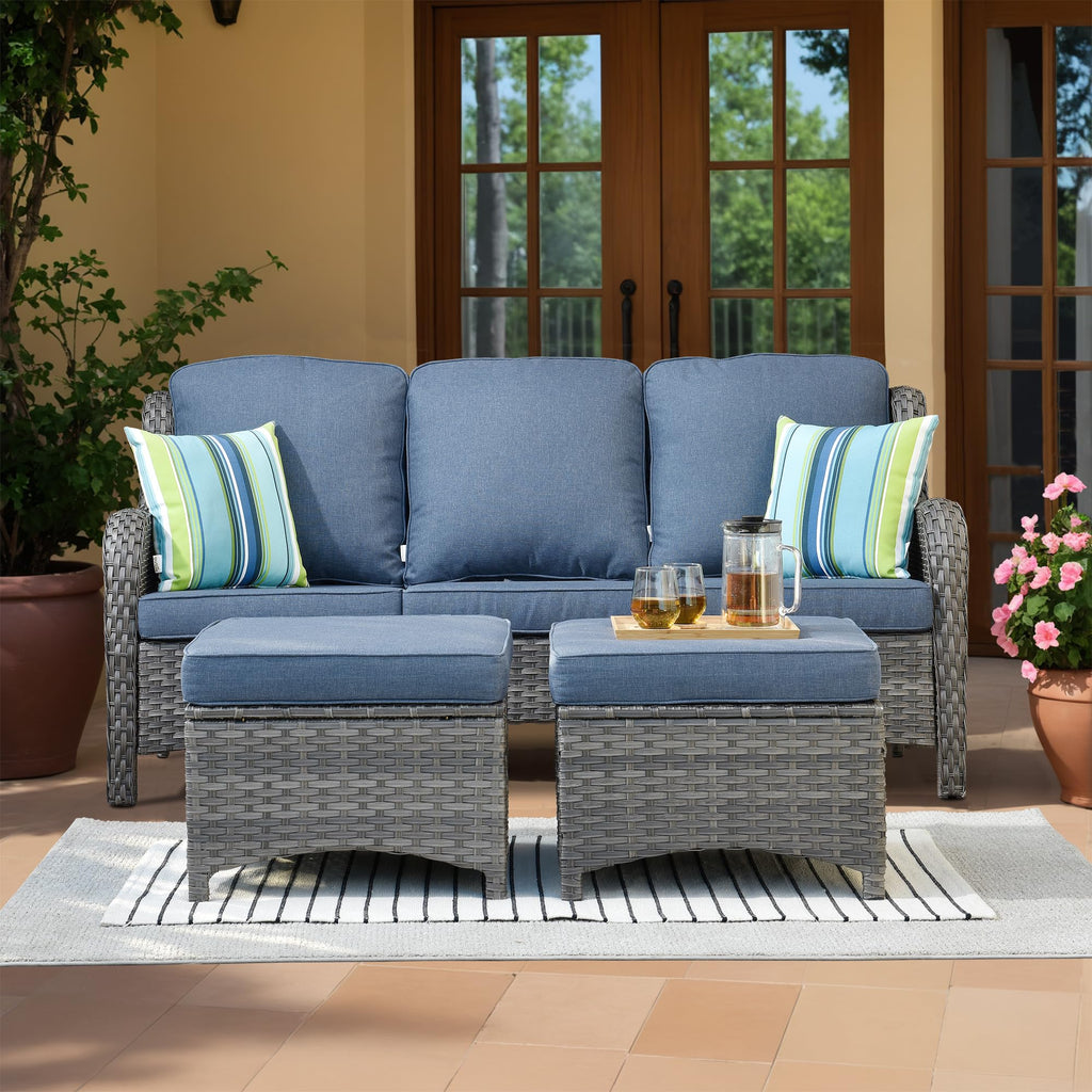 3-Pieces Outdoor Wicker Sofa with 2 Ottomans K38117