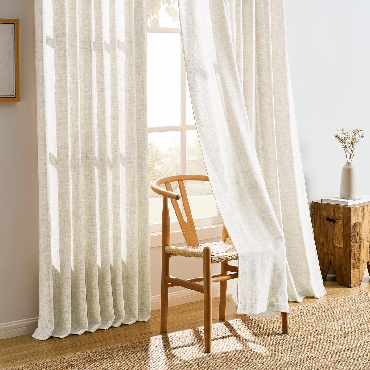 Pinch Pleated Sheer Curtains 140 Inches Long Cream Linen Textured Set of 2 W34899
