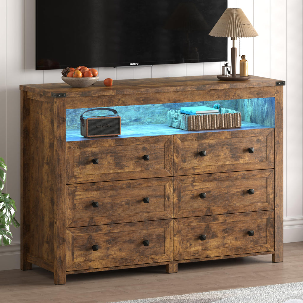 Brown 6 Drawer Dresser with LED Lights and Power Outlet D8853
