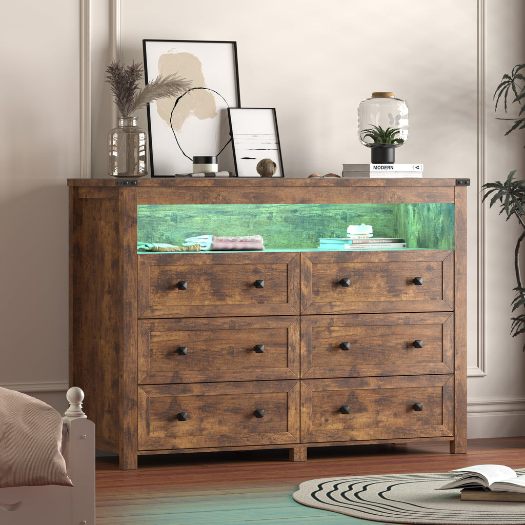 Brown 6 Drawer Dresser with LED Lights and Power Outlet D8853