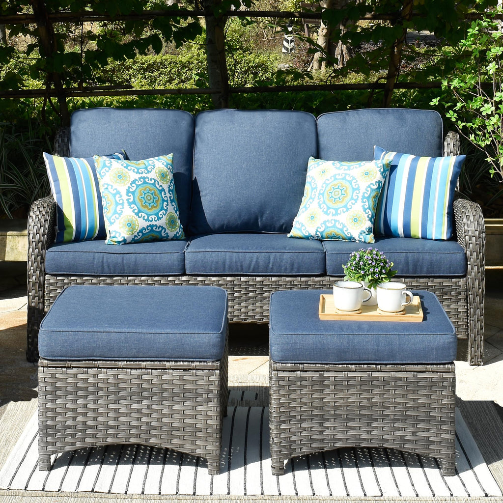 3-Pieces Outdoor Wicker Sofa with 2 Ottomans K38117