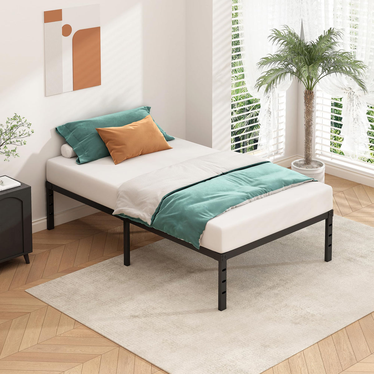 14 Inch Tall Black Metal Platform Twin Size Bed Frame C668129